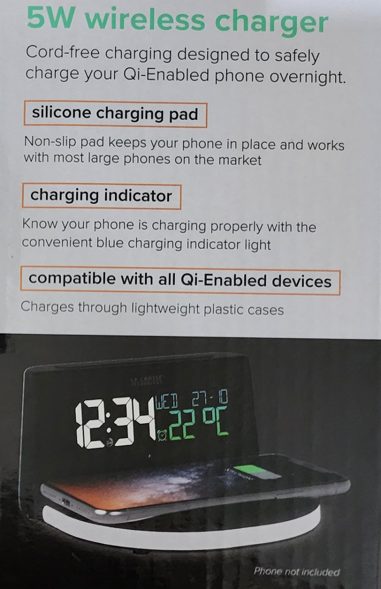 La Crosse Technology Wireless Charging Alarm Clock with Glow Light
